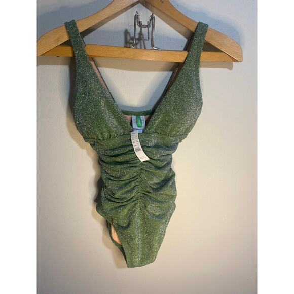 NWT J Crew Sparkle Ruched Plunge One Piece Swimsuit Green Size 2 - Picture 1 of 3